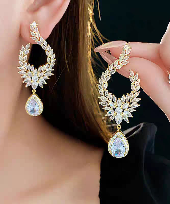 Fashion Gold Copper Overgild Zircon Leaf Water Droplet Drop Earrings