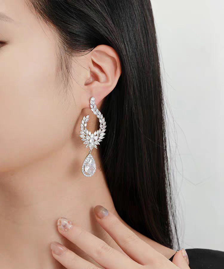 Fashion Gold Copper Overgild Zircon Leaf Water Droplet Drop Earrings