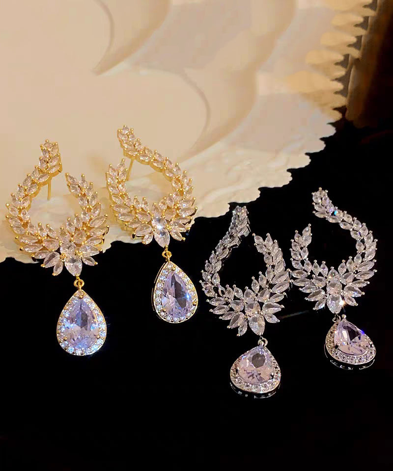 Fashion Gold Copper Overgild Zircon Leaf Water Droplet Drop Earrings