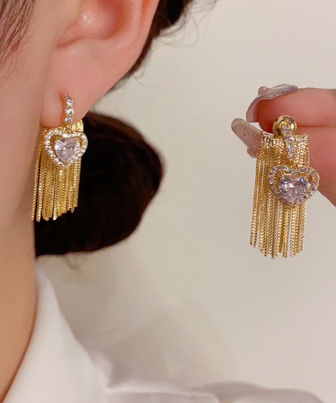 Fashion Gold Copper Overgild Zircon Love Tassel Drop Earrings