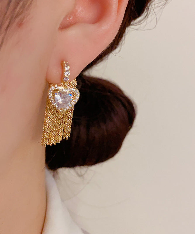 Fashion Gold Copper Overgild Zircon Love Tassel Drop Earrings