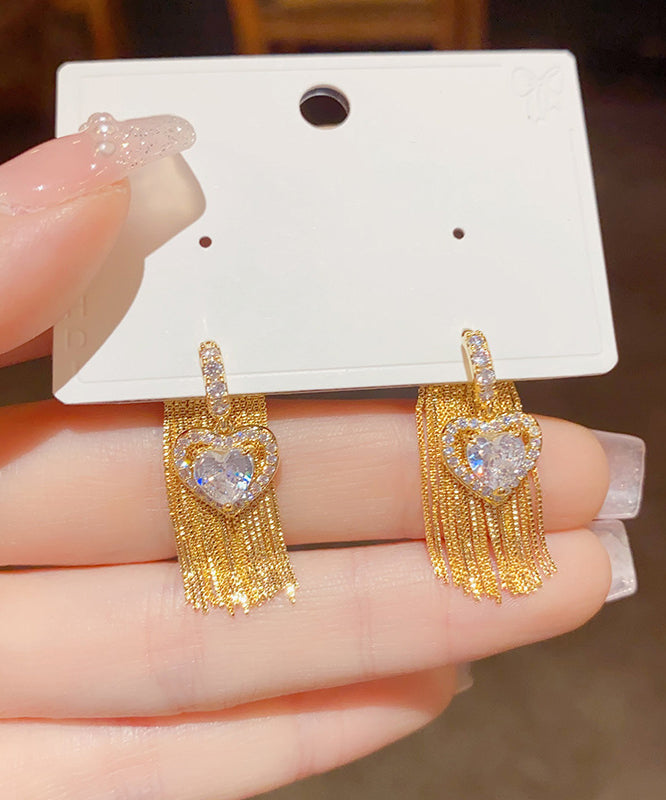Fashion Gold Copper Overgild Zircon Love Tassel Drop Earrings