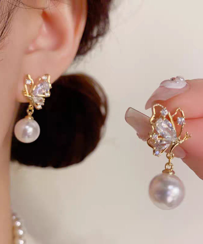 Fashion Gold Copper Overgild Zircon Pearl Butterfly Drop Earrings - Omychic