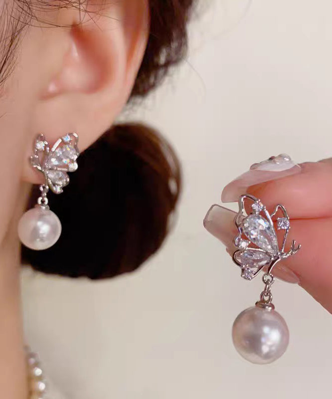 Fashion Gold Copper Overgild Zircon Pearl Butterfly Drop Earrings - Omychic