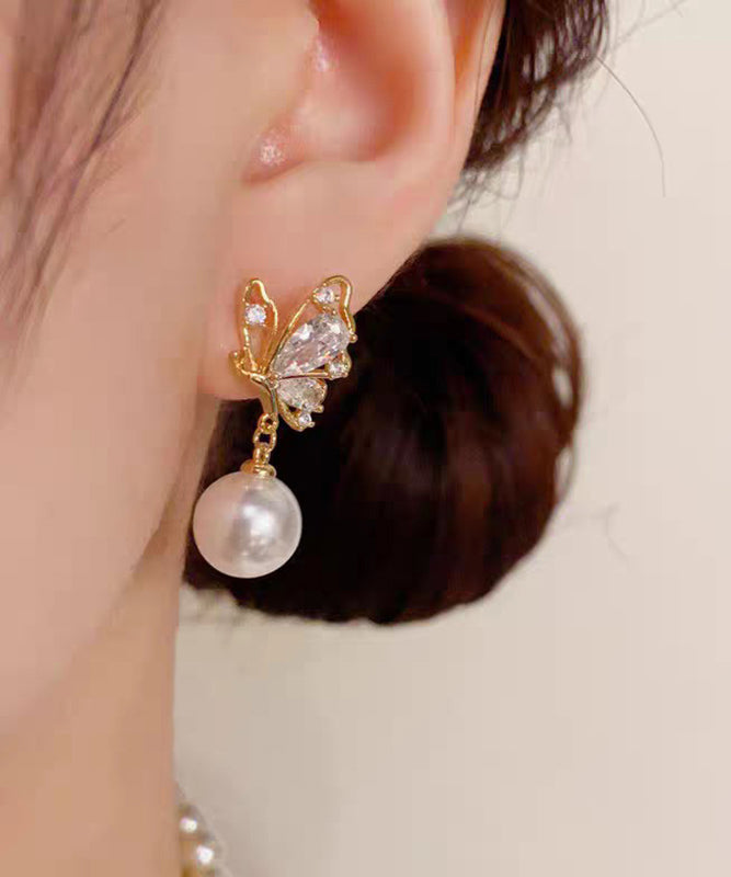 Fashion Gold Copper Overgild Zircon Pearl Butterfly Drop Earrings - Omychic
