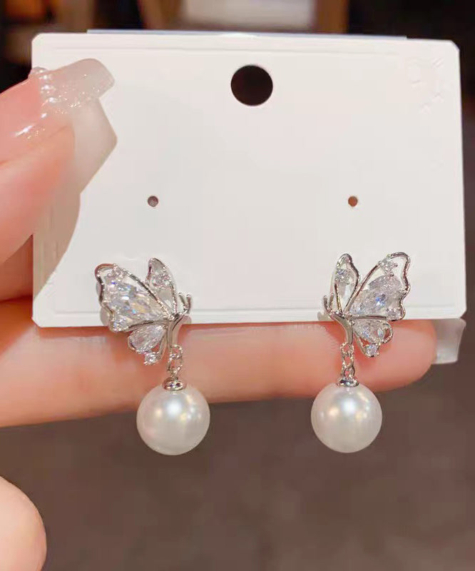Fashion Gold Copper Overgild Zircon Pearl Butterfly Drop Earrings - Omychic