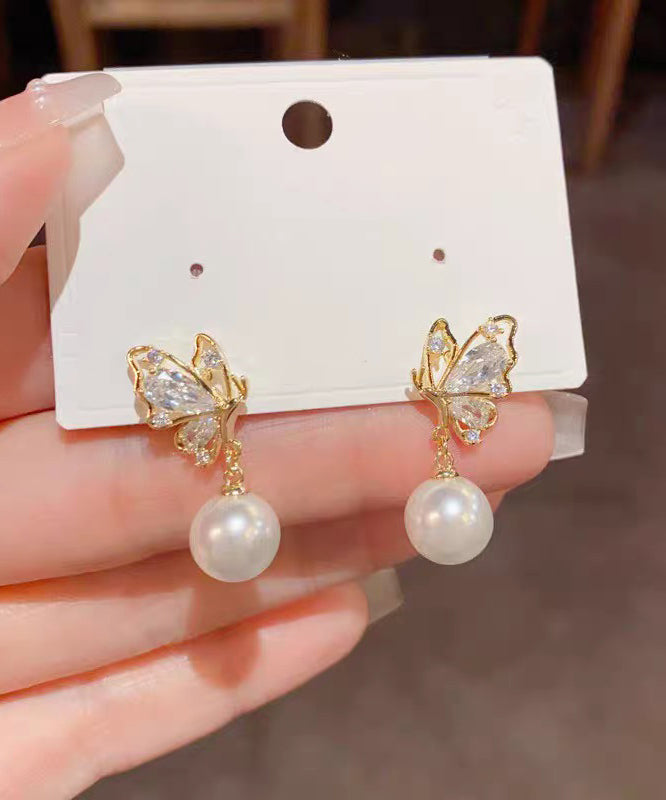 Fashion Gold Copper Overgild Zircon Pearl Butterfly Drop Earrings - Omychic