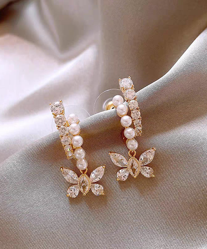 Fashion Gold Copper Overgild Zircon Pearl Butterfly Hoop Earrings - Omychic