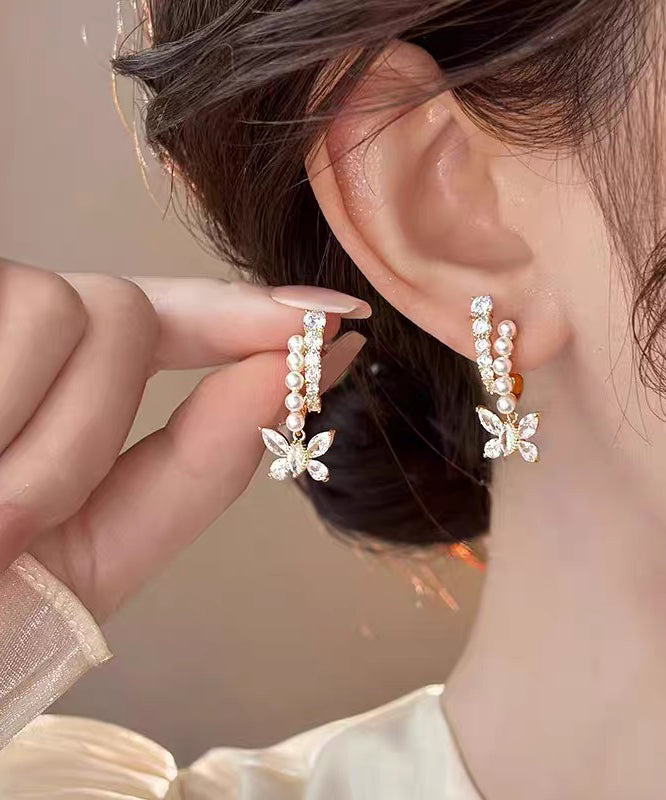 Fashion Gold Copper Overgild Zircon Pearl Butterfly Hoop Earrings - Omychic
