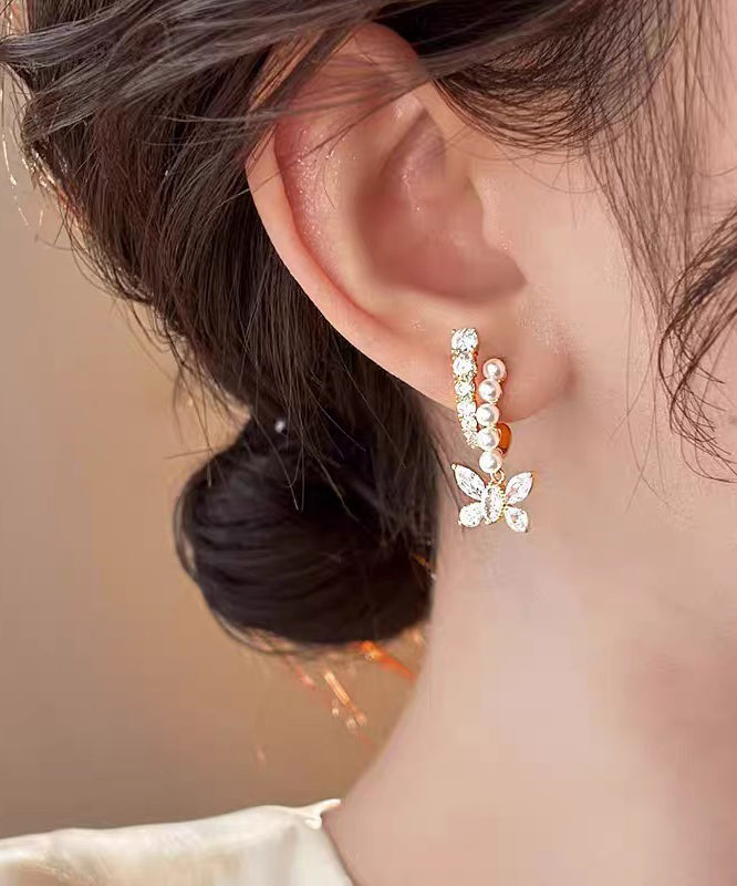 Fashion Gold Copper Overgild Zircon Pearl Butterfly Hoop Earrings - Omychic