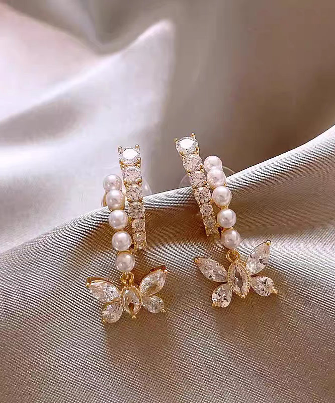 Fashion Gold Copper Overgild Zircon Pearl Butterfly Hoop Earrings - Omychic