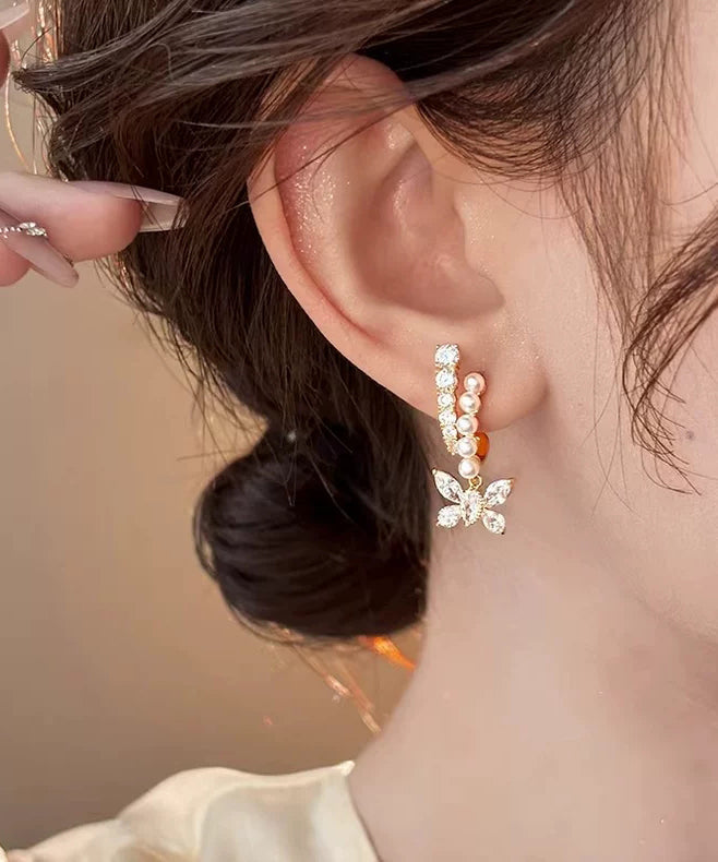 Fashion Gold Copper Overgild Zircon Pearl Butterfly Hoop Earrings - Omychic
