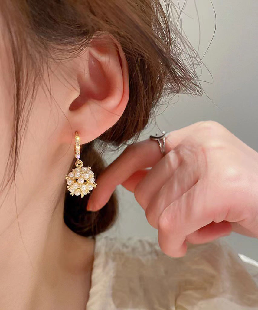 Fashion Gold Copper Overgild Zircon Spherical Pearl Drop Earrings