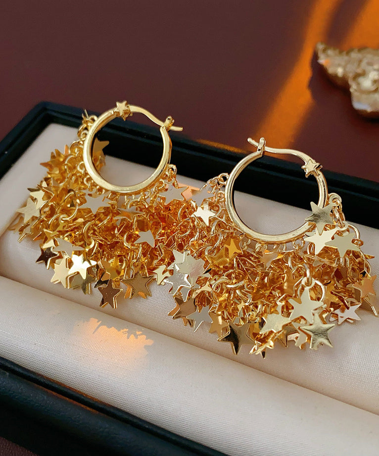 Fashion Gold Copper Overgild Zircon Star Tassel Hoop Earrings