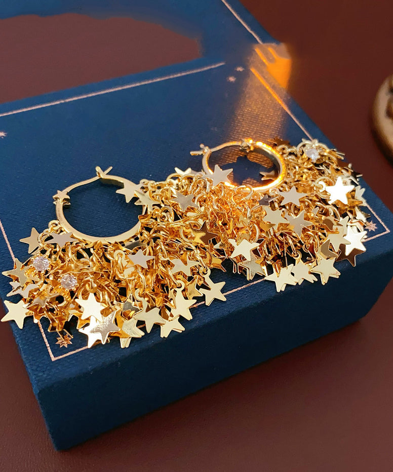 Fashion Gold Copper Overgild Zircon Star Tassel Hoop Earrings
