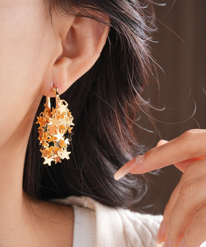Fashion Gold Copper Overgild Zircon Star Tassel Hoop Earrings