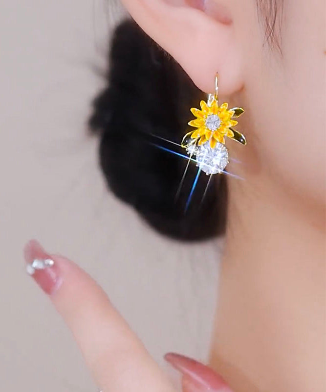 Fashion Gold Copper Overgild Zircon Sunflower Drop Earrings