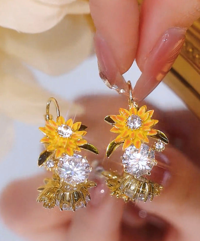 Fashion Gold Copper Overgild Zircon Sunflower Drop Earrings