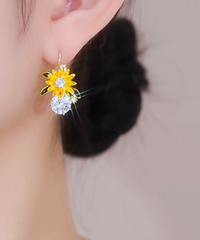 Fashion Gold Copper Overgild Zircon Sunflower Drop Earrings