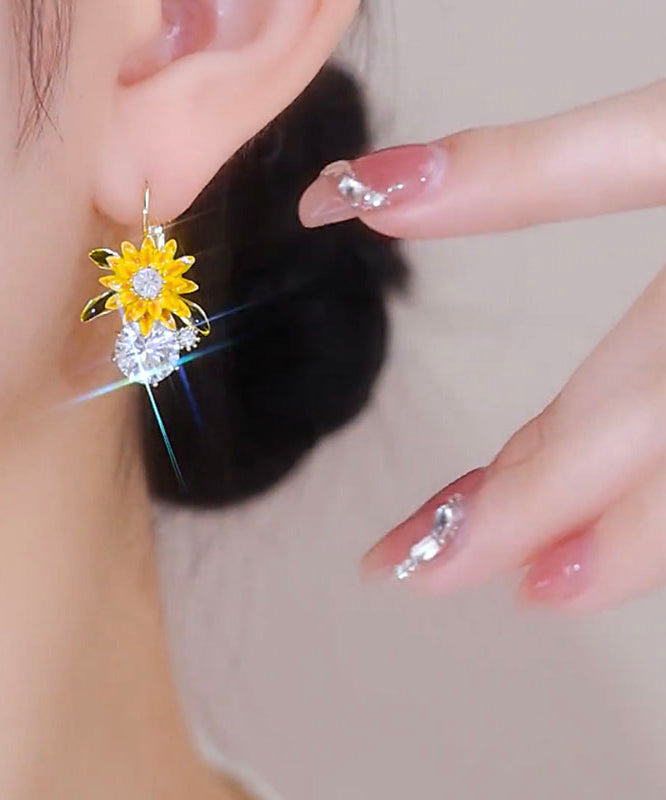Fashion Gold Copper Overgild Zircon Sunflower Drop Earrings