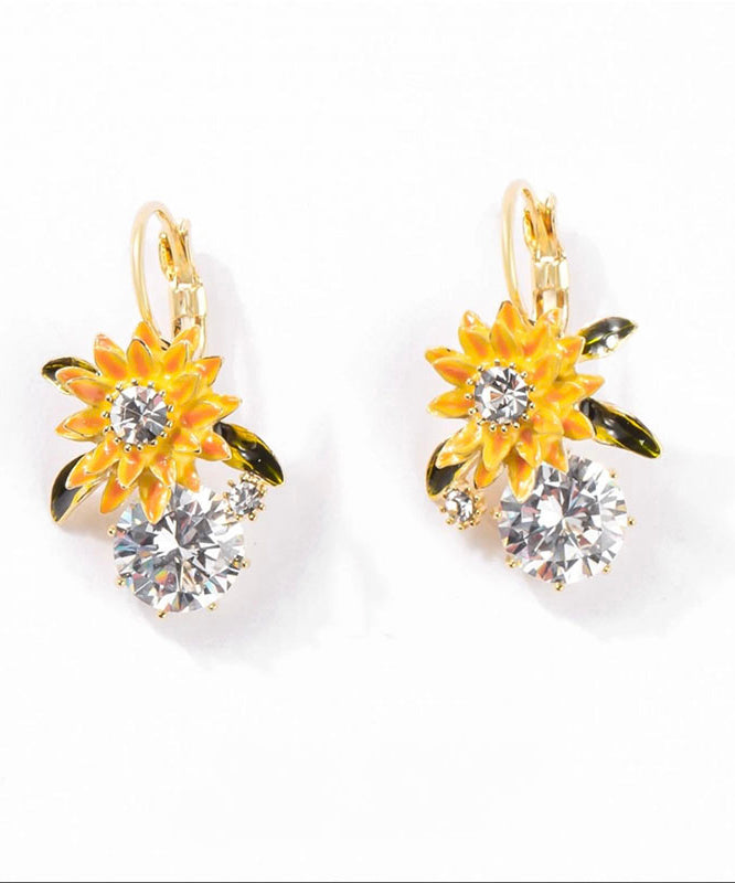 Fashion Gold Copper Overgild Zircon Sunflower Drop Earrings