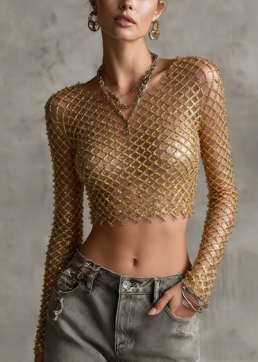 Fashion Gold O Neck Sequins Nail Bead Short Top Spring