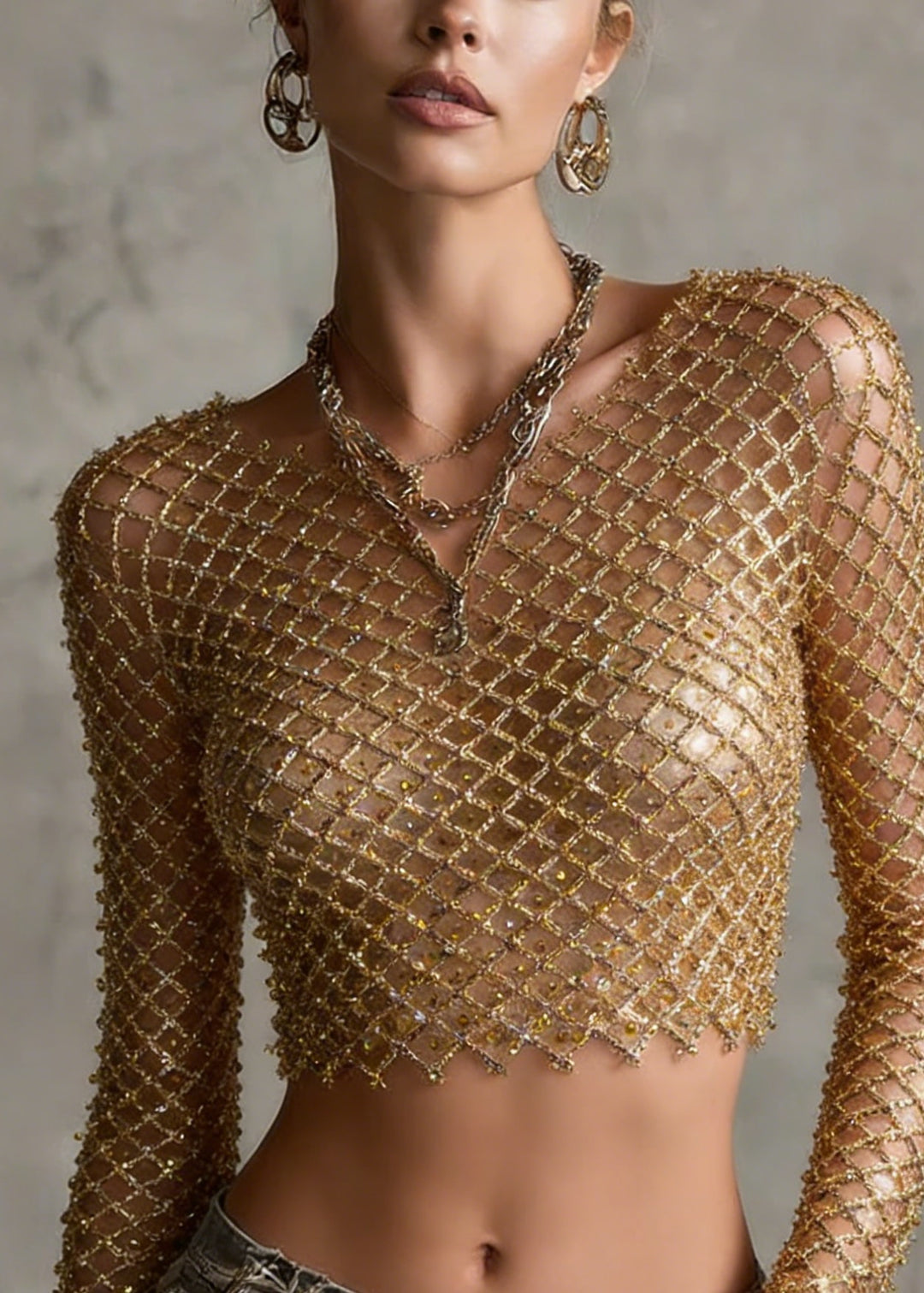 Fashion Gold O Neck Sequins Nail Bead Short Top Spring