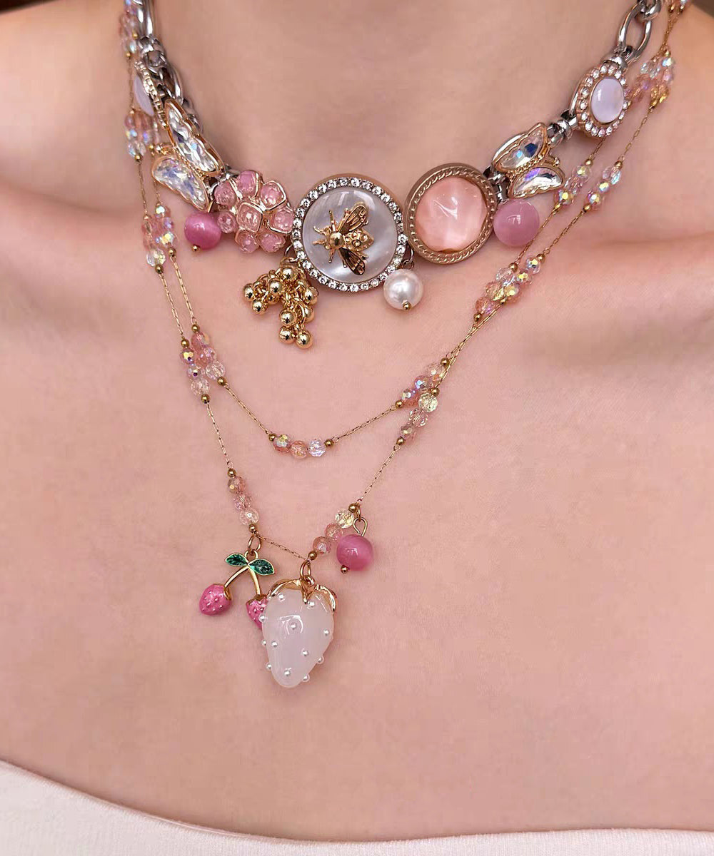 Fashion Gold Sterling Silver Overgild Floral Cherry Jade Pendant Necklace Two-Piece Set