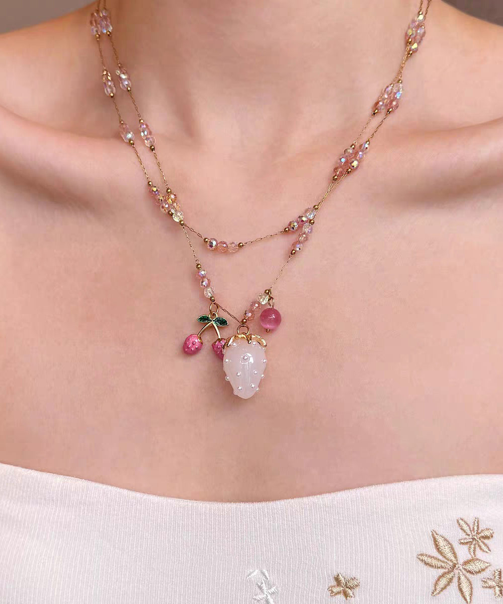 Fashion Gold Sterling Silver Overgild Floral Cherry Jade Pendant Necklace Two-Piece Set