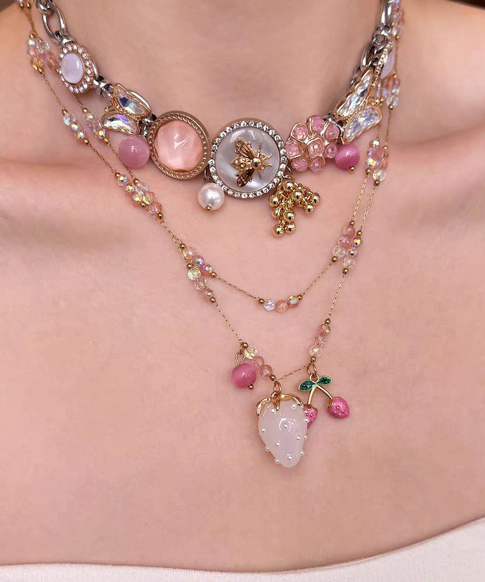 Fashion Gold Sterling Silver Overgild Floral Cherry Jade Pendant Necklace Two-Piece Set