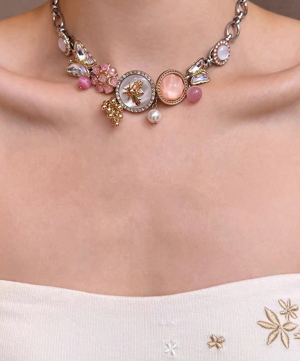 Fashion Gold Sterling Silver Overgild Floral Cherry Jade Pendant Necklace Two-Piece Set