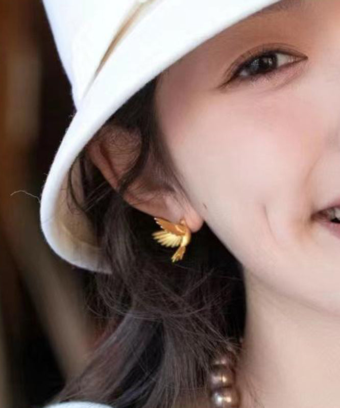 Fashion Gold Sterling Silver Overgild Flying Bird Stud Earrings