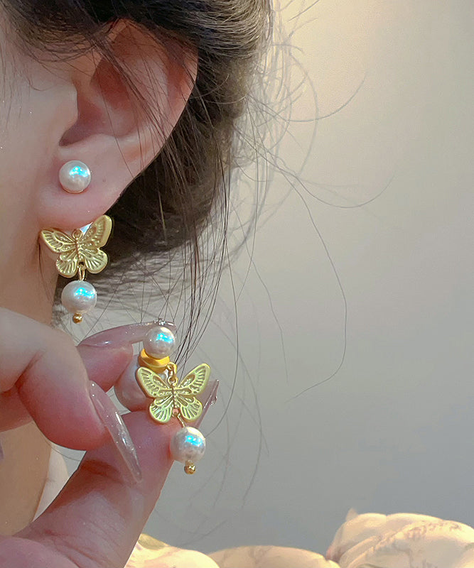 Fashion Gold Sterling Silver Overgild Pearl Butterfly Stud Earrings