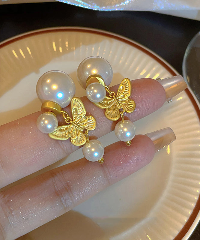 Fashion Gold Sterling Silver Overgild Pearl Butterfly Stud Earrings