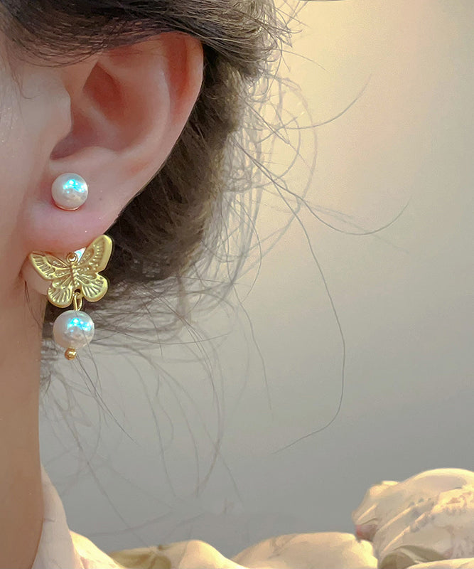 Fashion Gold Sterling Silver Overgild Pearl Butterfly Stud Earrings