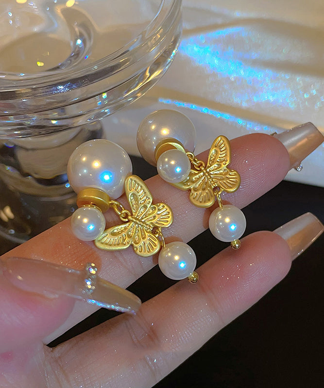 Fashion Gold Sterling Silver Overgild Pearl Butterfly Stud Earrings