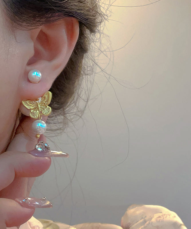 Fashion Gold Sterling Silver Overgild Pearl Butterfly Stud Earrings