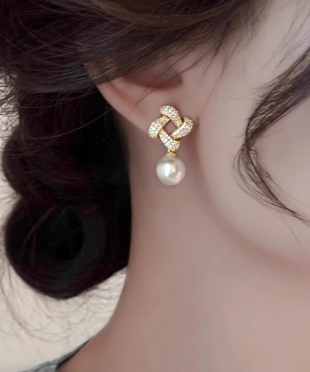 Fashion Gold Sterling Silver Overgild Zircon Pearl Square Drop Earrings