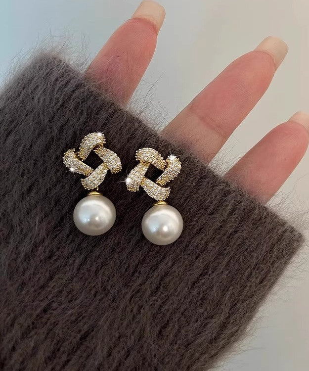 Fashion Gold Sterling Silver Overgild Zircon Pearl Square Drop Earrings