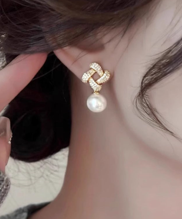 Fashion Gold Sterling Silver Overgild Zircon Pearl Square Drop Earrings