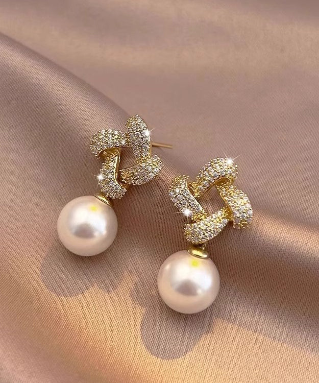 Fashion Gold Sterling Silver Overgild Zircon Pearl Square Drop Earrings