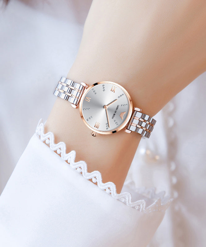 Fashion Gold White Stainless Steel Zircon Tempered Glass Watch