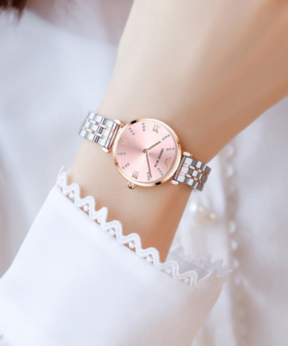 Fashion Gold White Stainless Steel Zircon Tempered Glass Watch