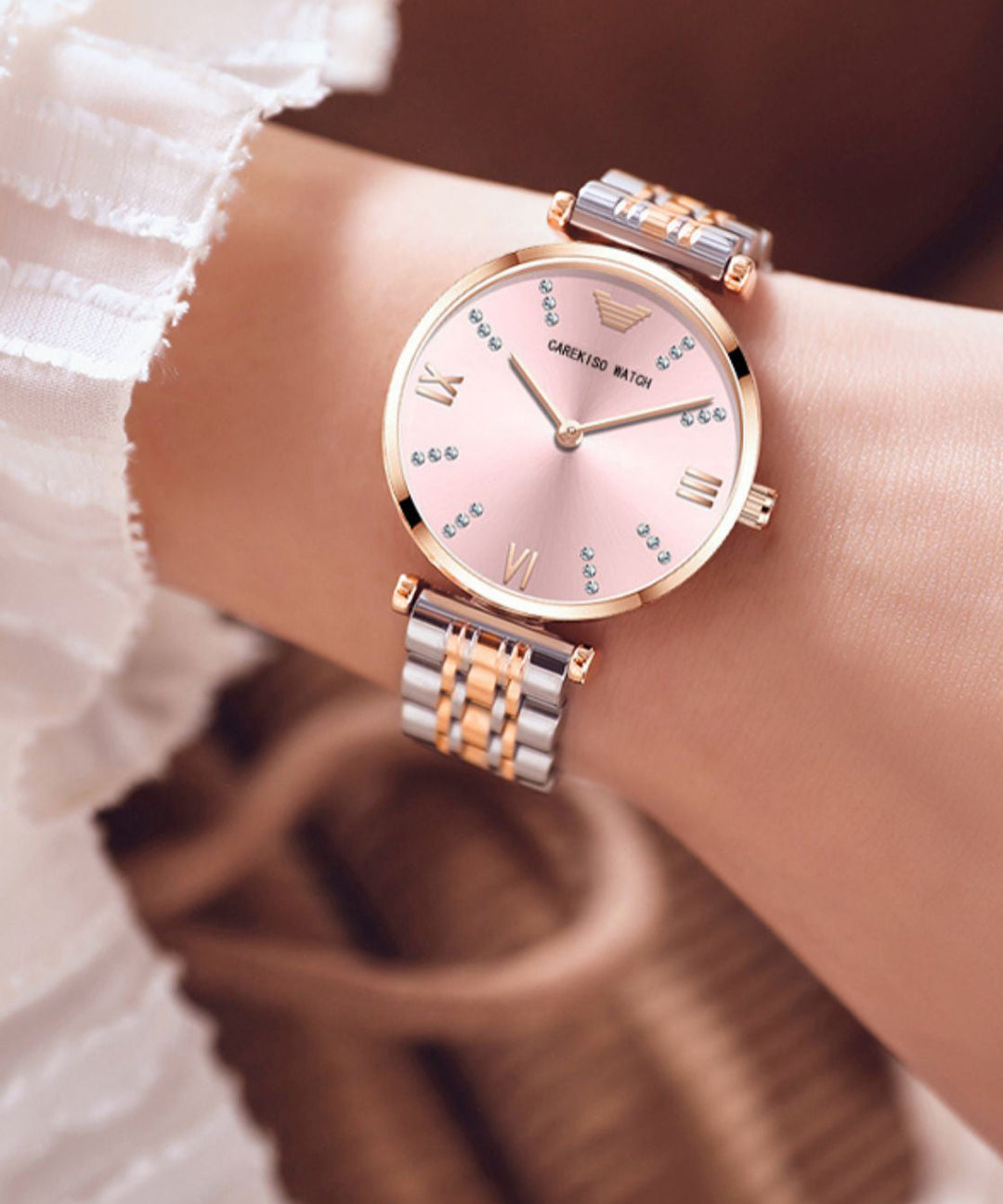 Fashion Gold White Stainless Steel Zircon Tempered Glass Watch