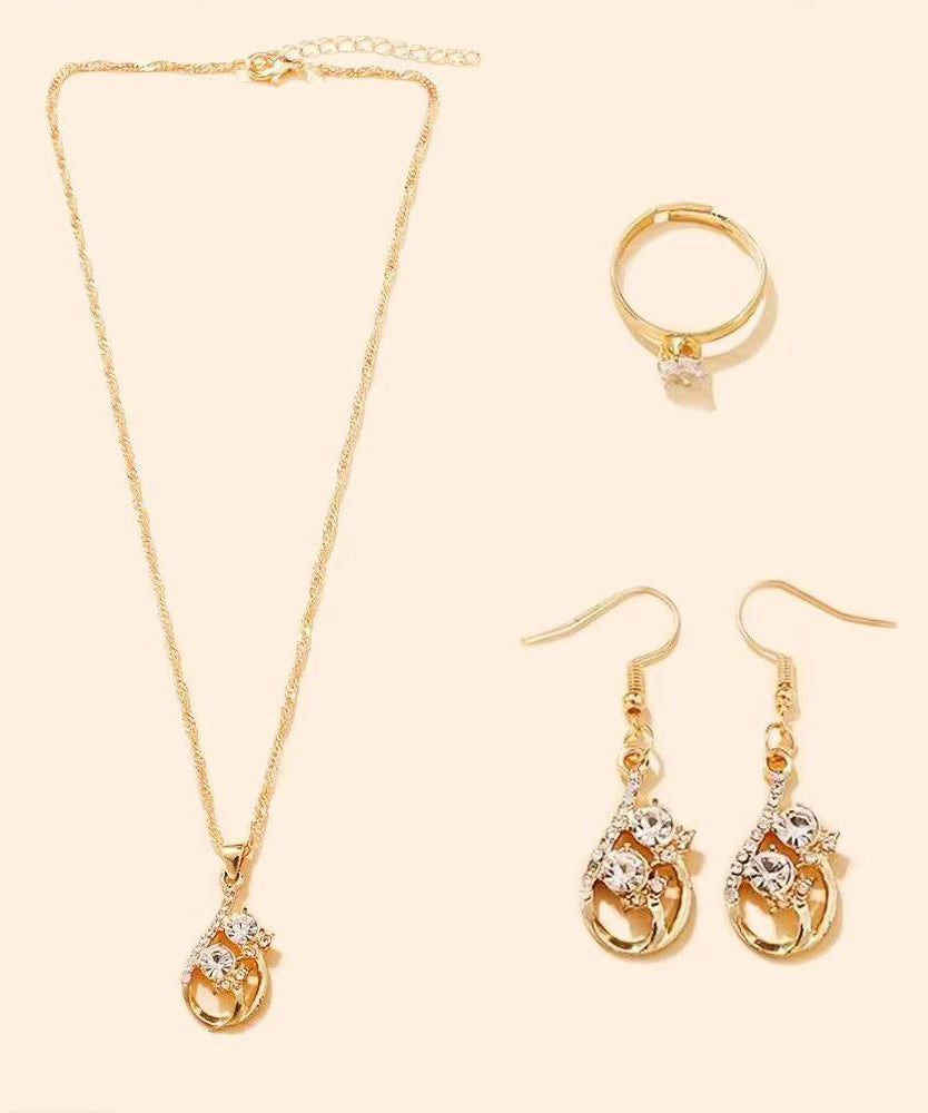 Fashion Gold Zircon Drop Earrings ,Rings And Pendant Necklace Three-Piece Set