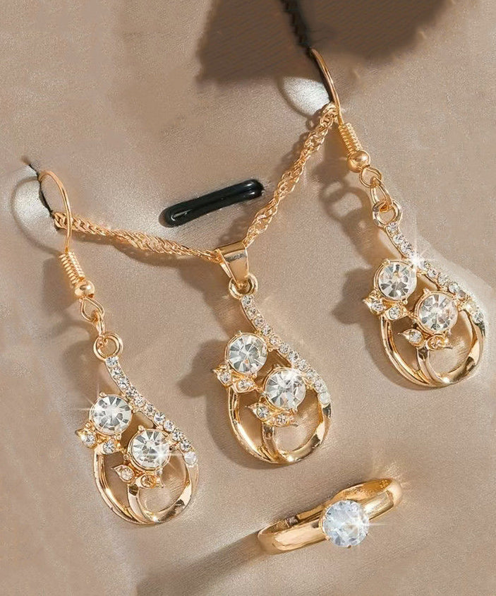 Fashion Gold Zircon Drop Earrings ,Rings And Pendant Necklace Three-Piece Set