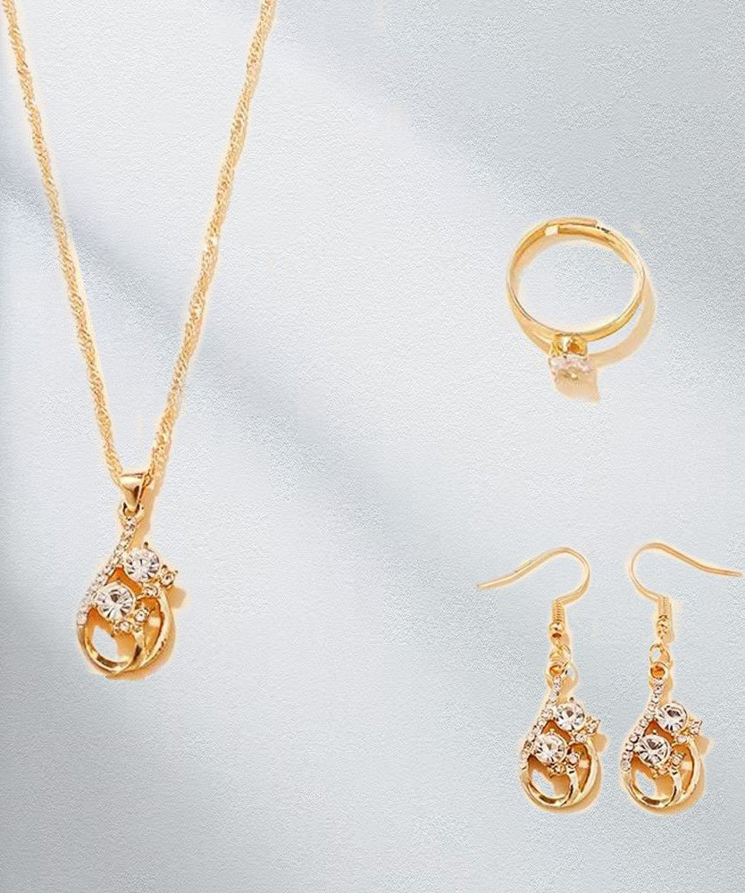 Fashion Gold Zircon Drop Earrings ,Rings And Pendant Necklace Three-Piece Set