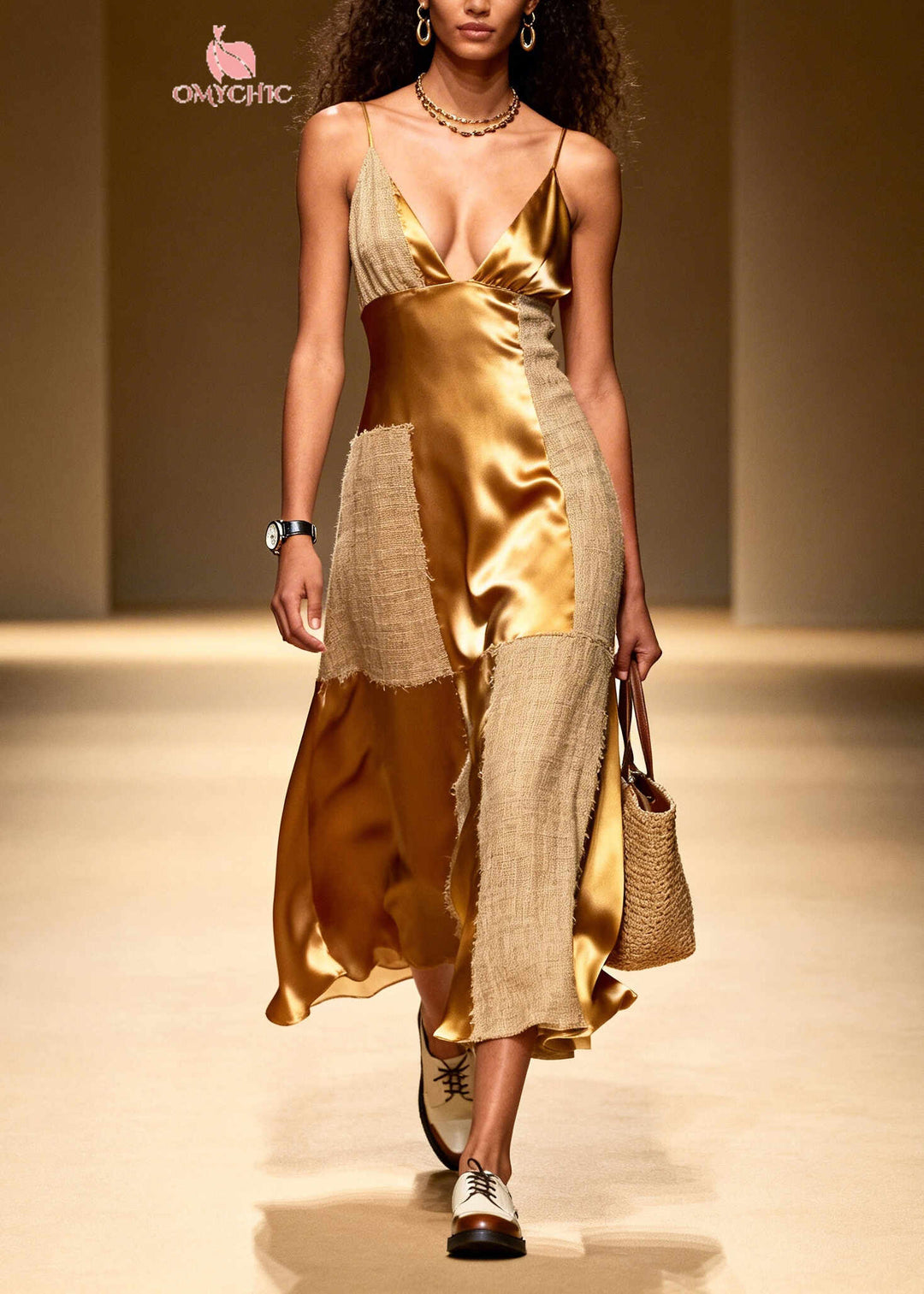 Fashion Golden Asymmetrical Patchwork Linen Silk Spaghetti Strap Dress Summer