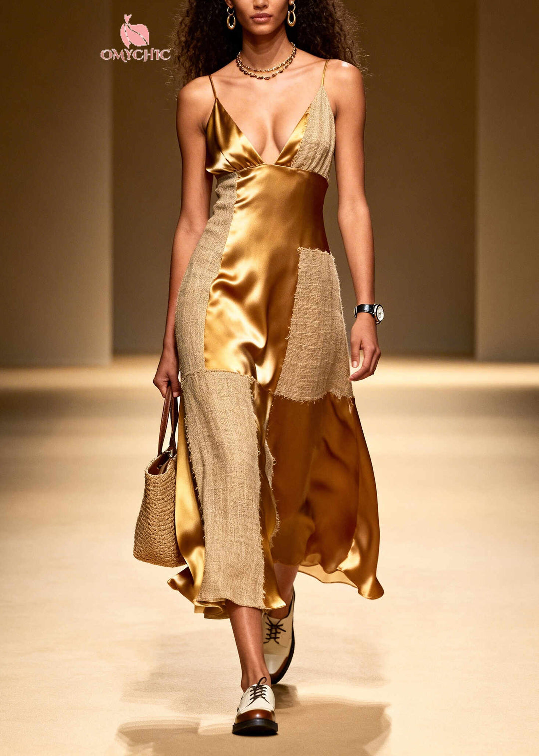 Fashion Golden Asymmetrical Patchwork Linen Silk Spaghetti Strap Dress Summer