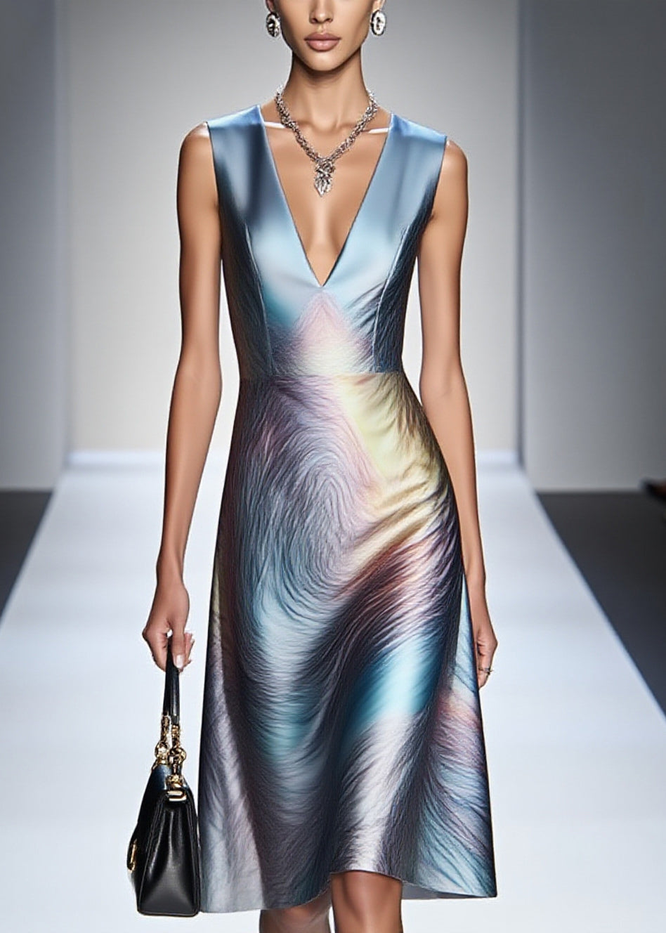 Fashion Gradient Blue V Neck Silm Fit Silk Tea Dress Sleeveless